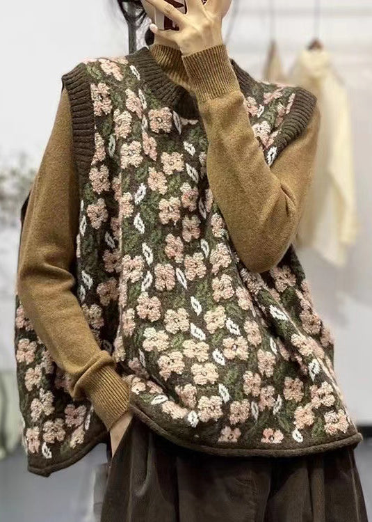 Coffee O-neck Jacquard Loose Knit Vest Spring