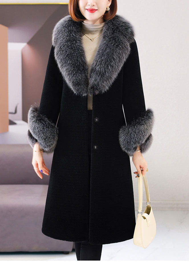 Black V Neck Tie Waist Fuzzy Fur Long Coat Winter