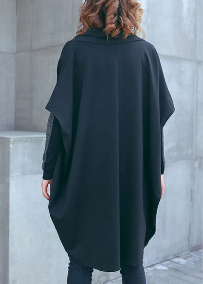 Loose Black Bat Wing Sleeve Pockets Asymmetrical Design Fall Tops