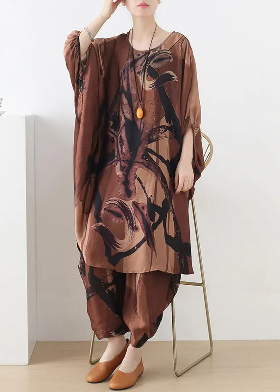 Chocolate O-neck Asymmetrical Print Silk Two Pieces Set Batwing Sleeve