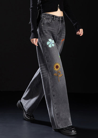 Handmade Black Embroidered Warm Fleece Denim Pants Spring