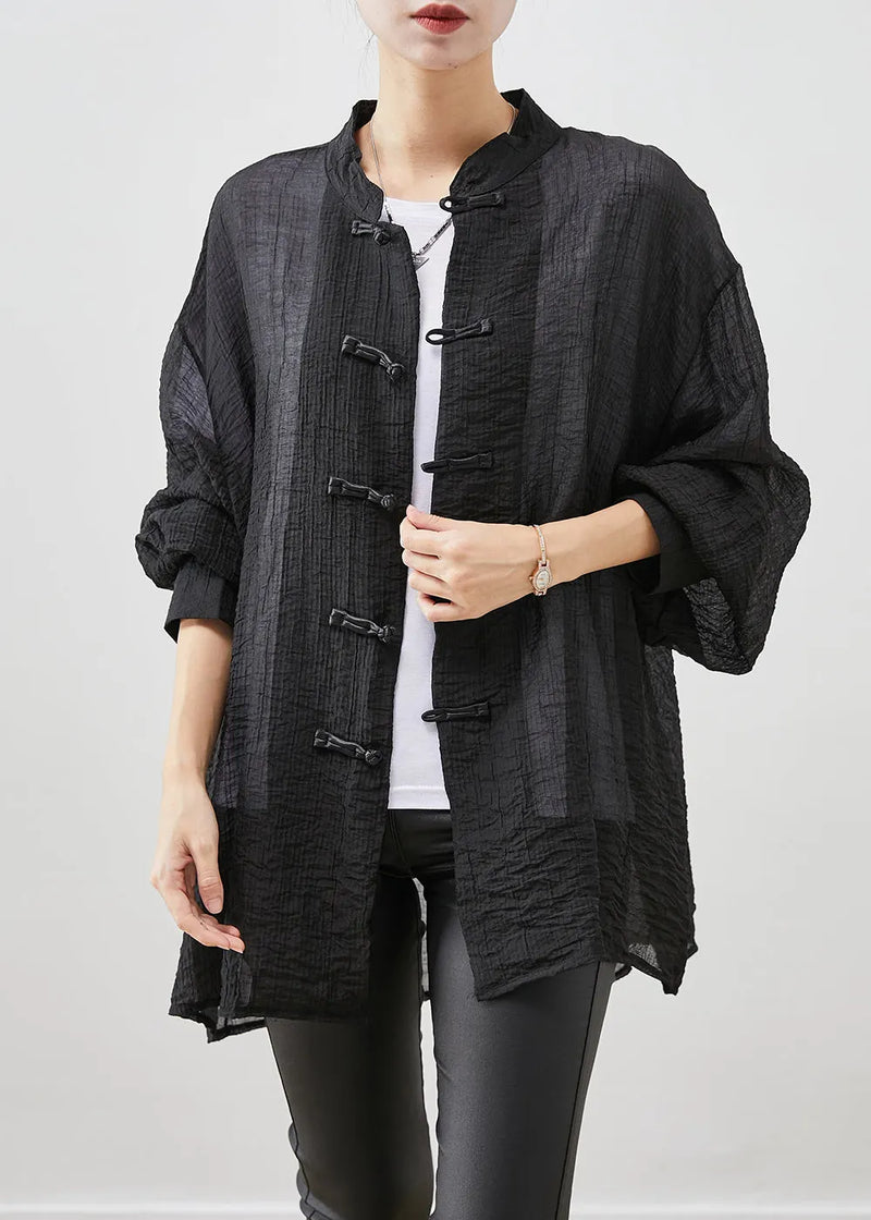 Black Chinese Button Wrinkled Linen Shirt Top Fall