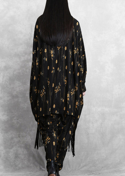 Black Print Mink Velvet Coat and Wide Leg Pants Two Pieces Set Fall