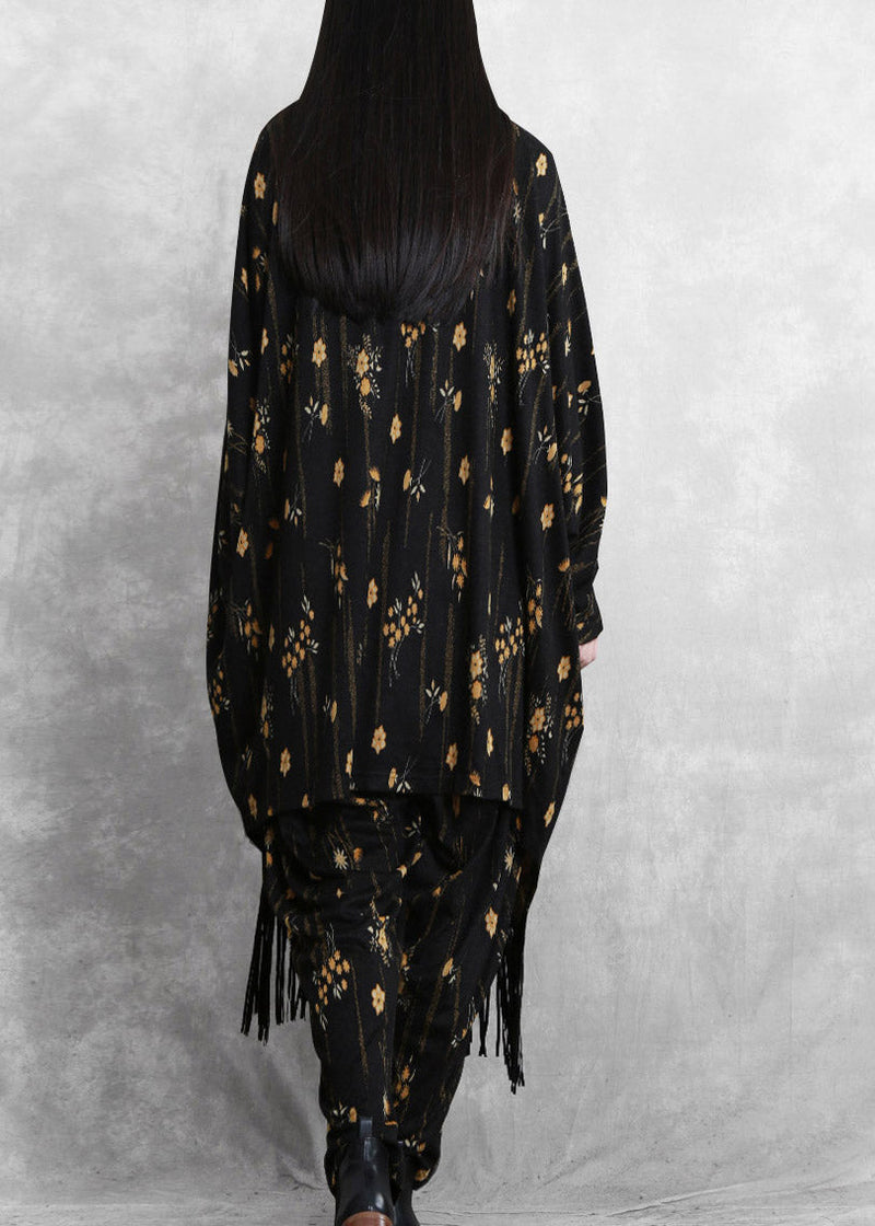 Black Print Mink Velvet Coat and Wide Leg Pants Two Pieces Set Fall