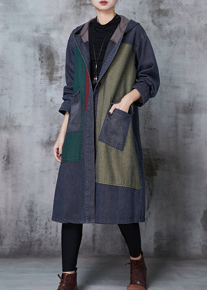 Navy Oversized Patchwork Denim Trench Coats Spring
