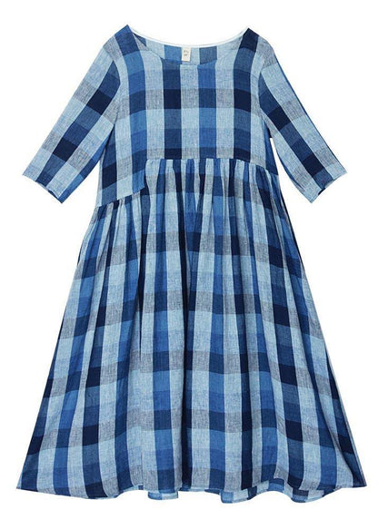 Modern Blue Plaid Asymmetrical Design Holiday Summer Linen Dress