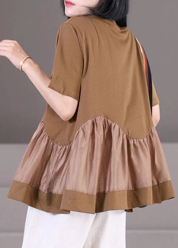 Chocolate Patchwork Cotton Tank Asymmetrical Wrinkled Short Sleeve