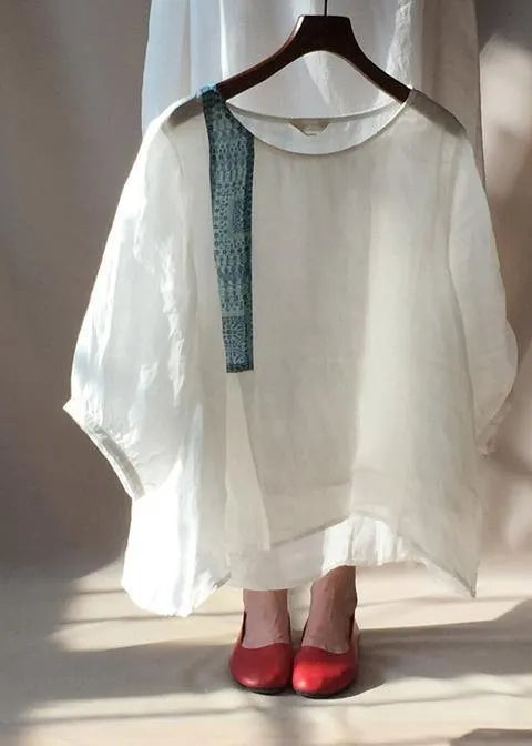 White Top Silhouette O Neck Lantern Sleeve Clothing Blouses