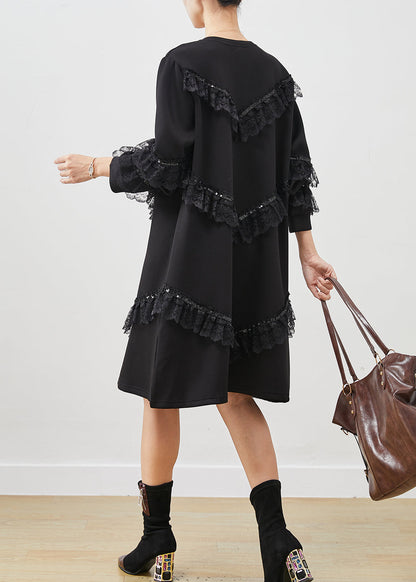 Black Ruffles Patchwork Cotton Sweatshirts Dress Spring