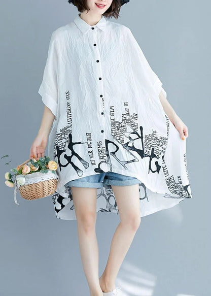 White Graphic Peter Pan Collar Cotton Tops Summer