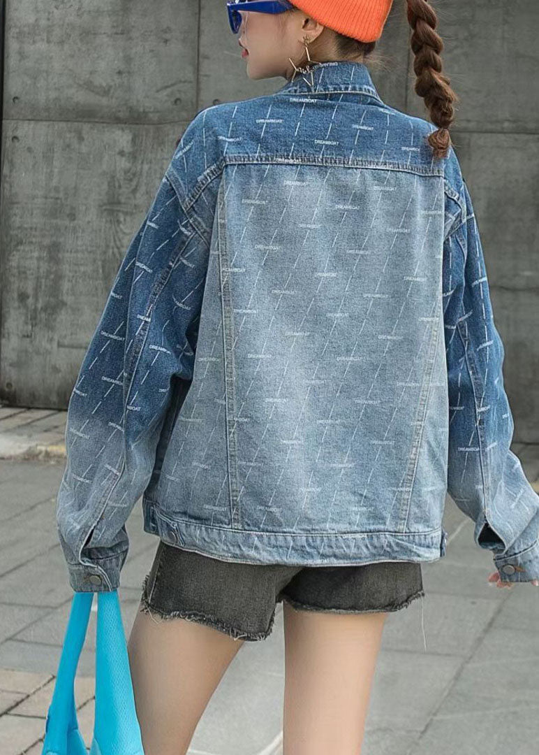 Art Blue Peter Pan Collar Patchwork Button Nail Bead Fall Denim Coat
