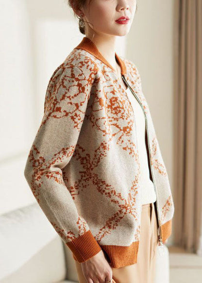 Orange O-neck Embroideried Warm Woolen Coat Long Sleeve