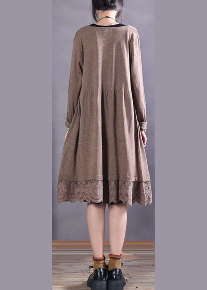 Khaki Button Hollow Out Patchwork Knit Cardigan Spring