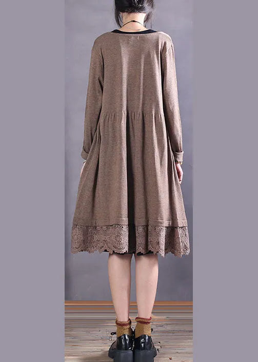 Khaki Button Hollow Out Patchwork Knit Cardigan Spring
