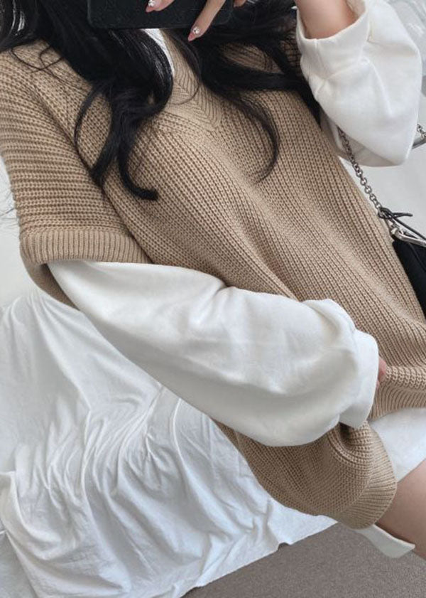 Khaki V Neck Oversized Knit Two Piece Set Outfits Spring