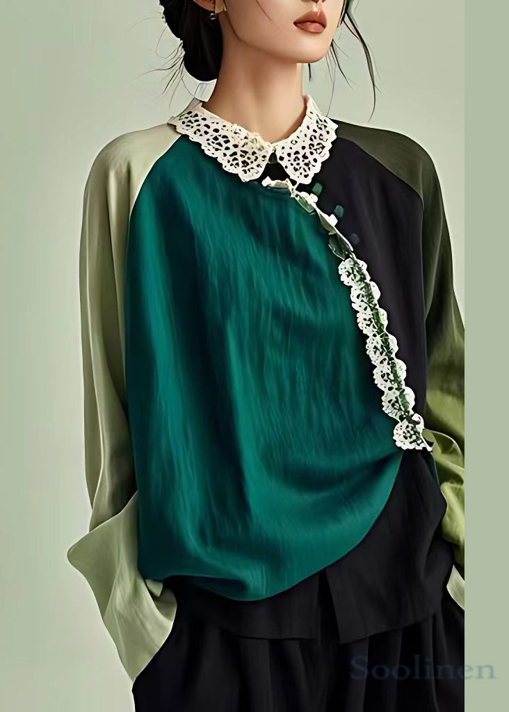 Blackish Green Peter Pan Collar Hollow Out Linen Blouse Long Sleeve