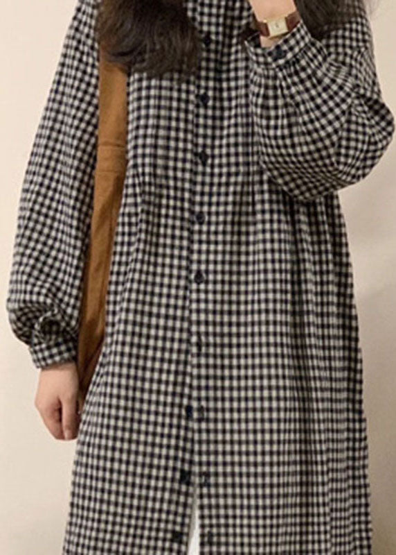 Apricot Plaid O-neck Button Long Shirts Dresses Spring