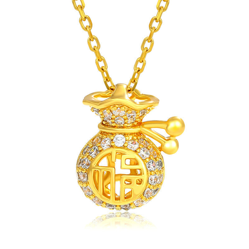 24k Gold Plated Fu Character Fortune Money Bag Necklace Pendant