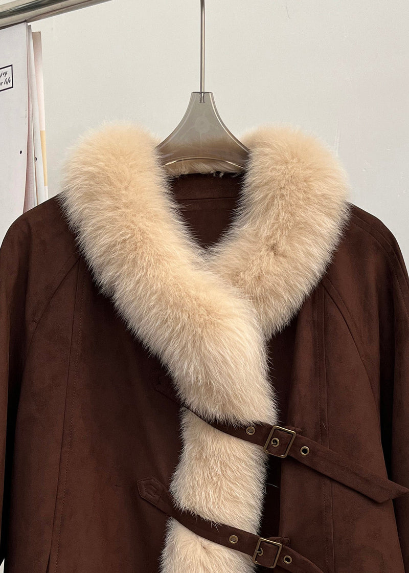 Brown Fox Collar Pockets Patchwork Duck Down Coats Winter