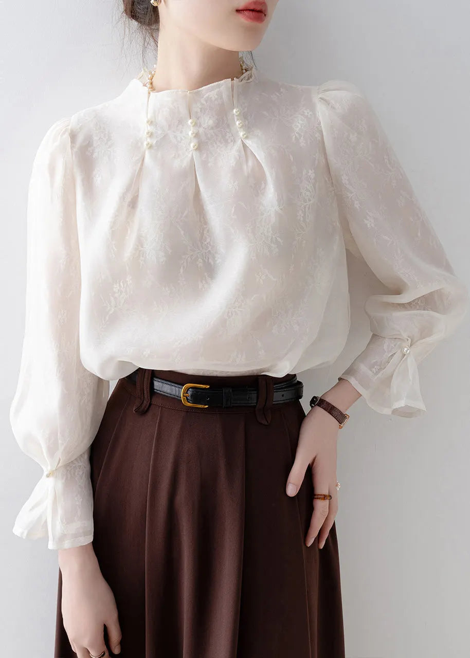 Fitted White Jacquard Nail Bead Chiffon Top Spring