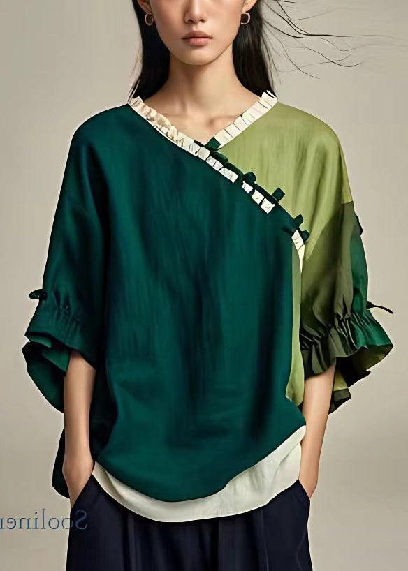 Blackish V Neck Ruffled Cotton Shirt Bracelet Sleeve