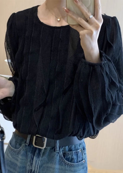 White Ruffled Knit Top Long Sleeve