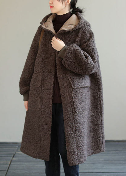 Coffee Button Pockets Warm Faux Fur Hooded Coat Long Sleeve