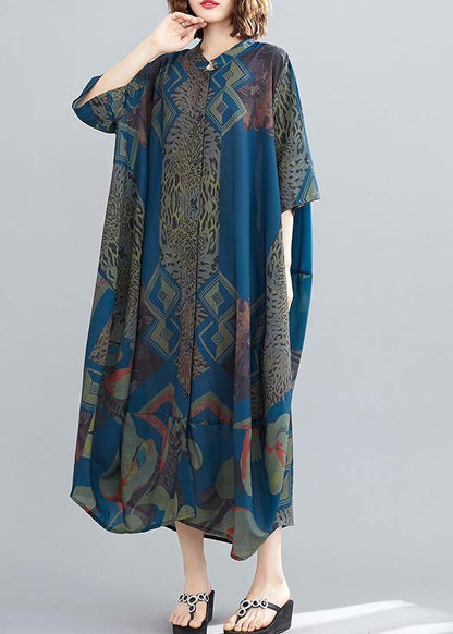 Stand Collar Summer Tunics Blue Abstract Pattern Long Dress