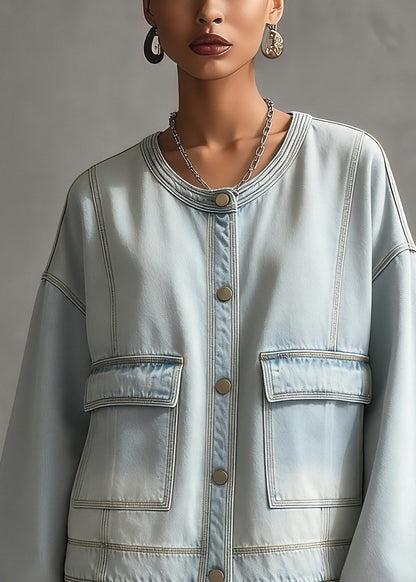 Blue O-neck Pockets Denim Coat Long Sleeve