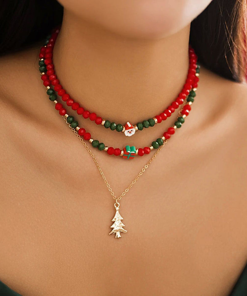 Korean Red and Green Crystal Beaded Clavicle Necklace