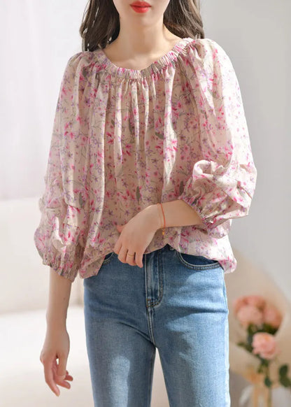 French Purple Ruffled Print Silk Blouses Bracelet Sleeve Summer