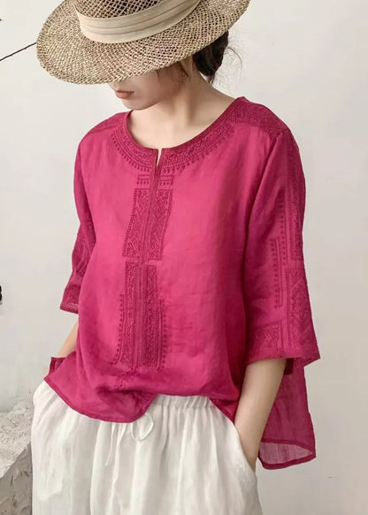 Art Rose Embroidered Linen Blouse Top Half Sleeve