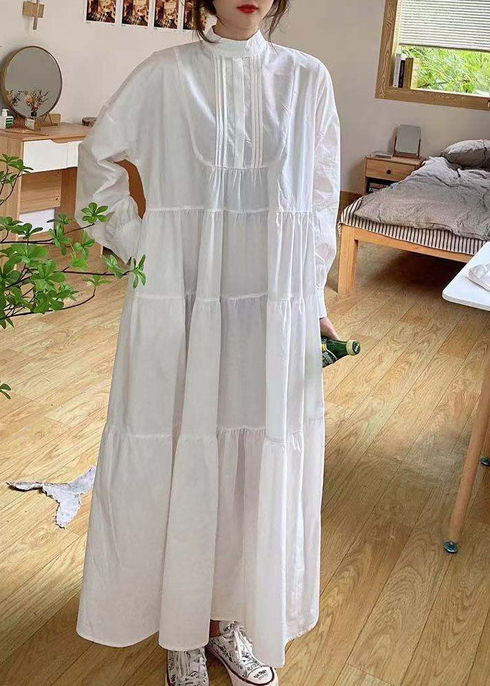 Khaki Hign Neck Patchwork Wrinkled Cotton Long Dress Spring