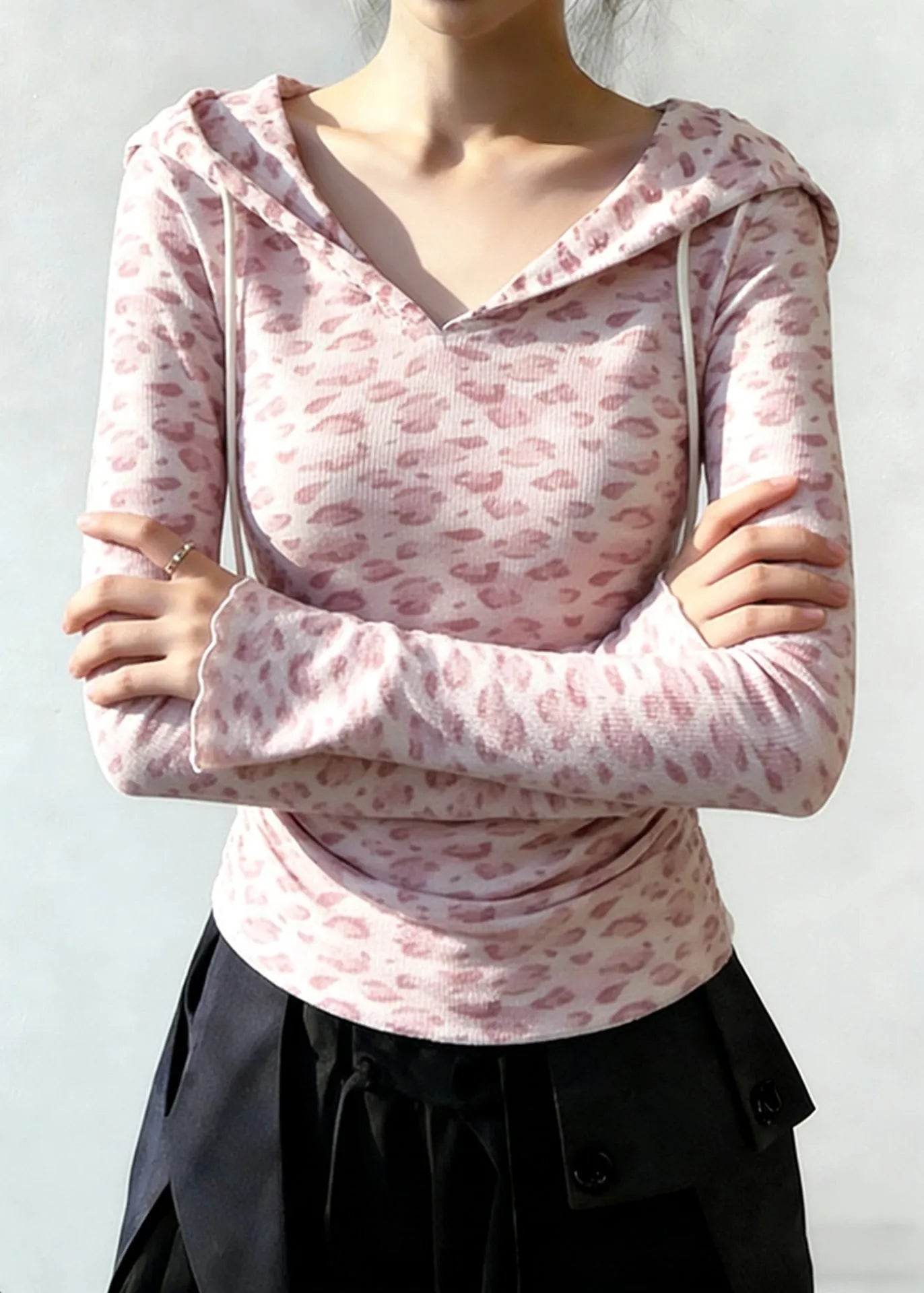Pink Hooded Leopard Print Cotton Sweatshirt Tops Spring