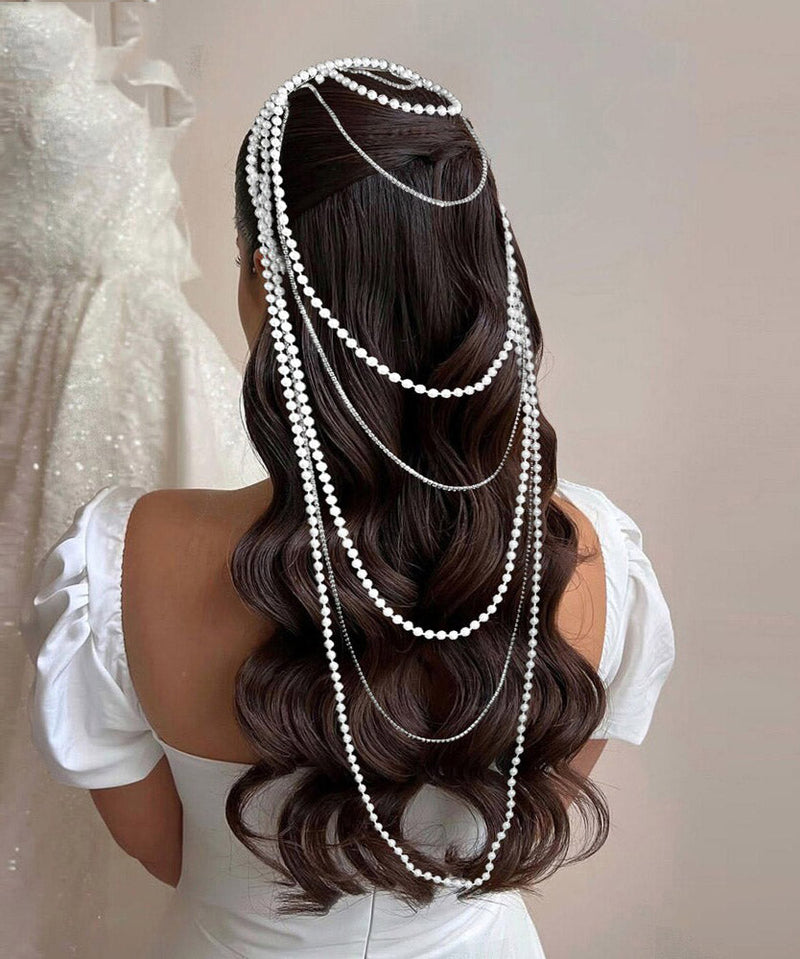 Silk Pearl Zircon Chain Hairpiece
