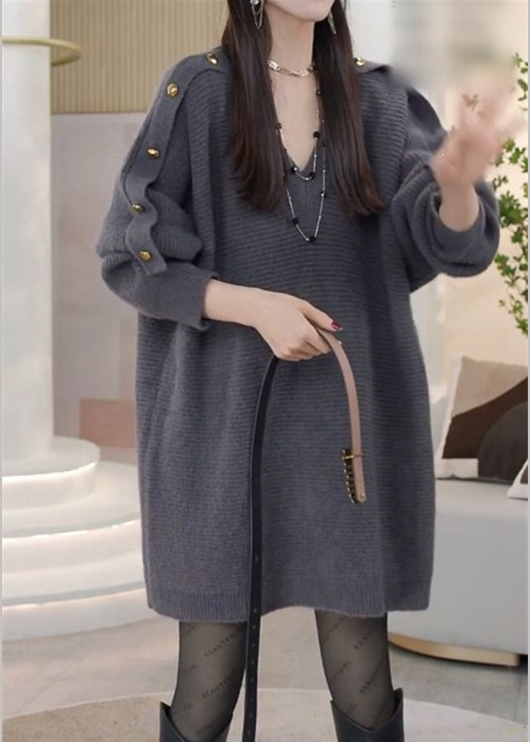Modern Grey V Neck Metal Buttons Knit Sweater Dress Spring