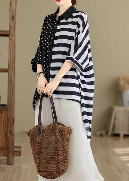 Colorblock Peter Pan Collar Low High Design Cotton Shirt Tops Summer