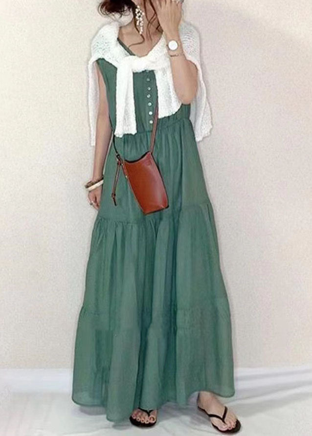 Green V Neck Patchwork Wrinkled Cotton Dresses Summer