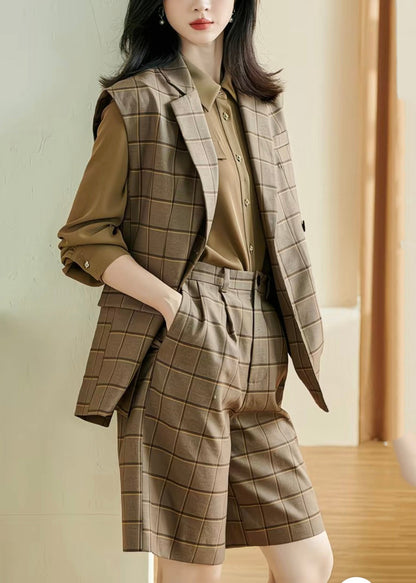 Modern Khaki Plaid Side Open Waistcoat and Shorts Two Pieces Set Sleeveless