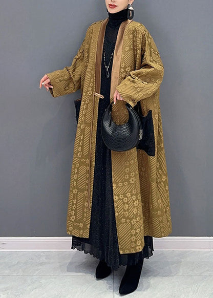 Natural Yellow V Neck Print Pockets Long Trench Coats Long Sleeve