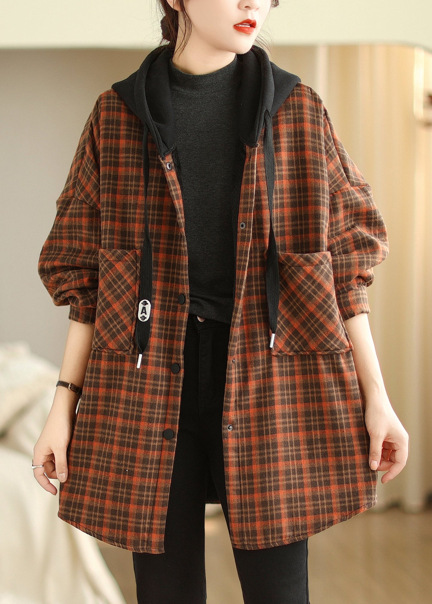 Orange Hooded Pockets Plaid Warm Fleece Jacket Winter