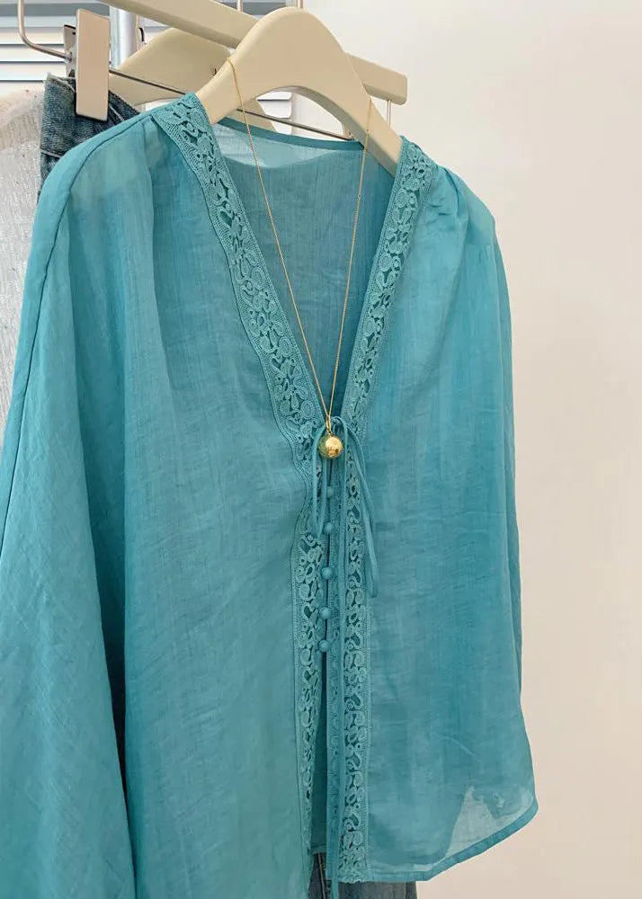 Blue V Neck Hollow Out Top Fall