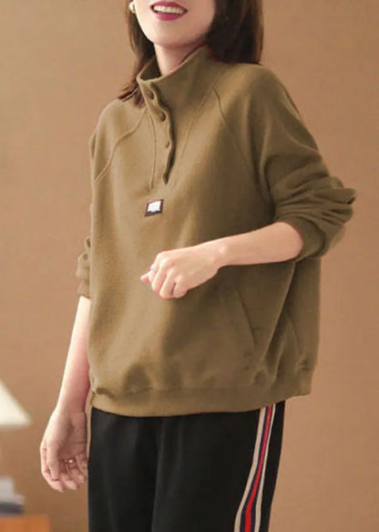 Green Pockets Cotton Pullover Stand Collar Oversized Long Sleeve