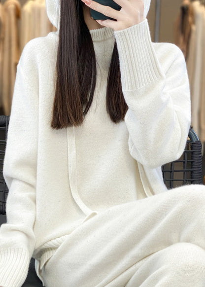 Stylish Purple Drawstring Hooded Cotton Knit Sweaters and Wide Leg Pants Two Piece Set Winter