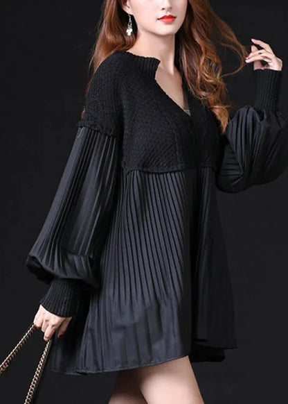 Black Patchwork Wrinkled Loose Knitted Tops Long Sleeve