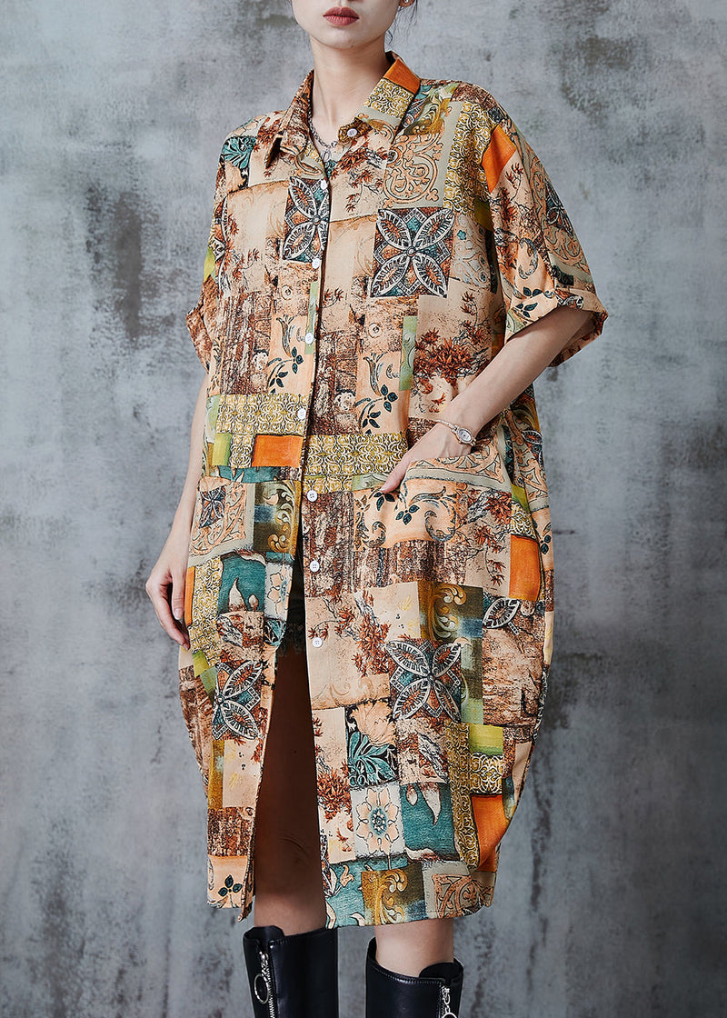 Khaki Oversized Print Chiffon Shirt Dress Summer