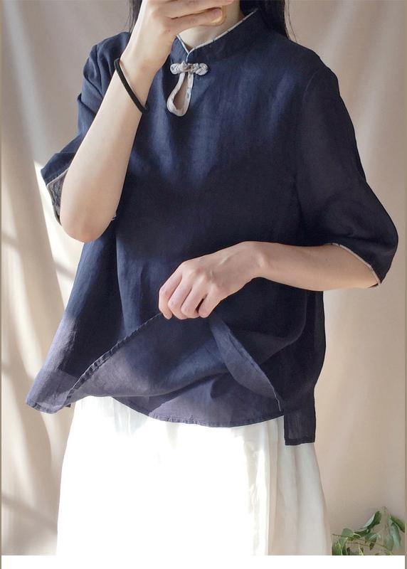 Italian Dark Blue Clothes for Stand Collar Half Sleeve Cotton Top