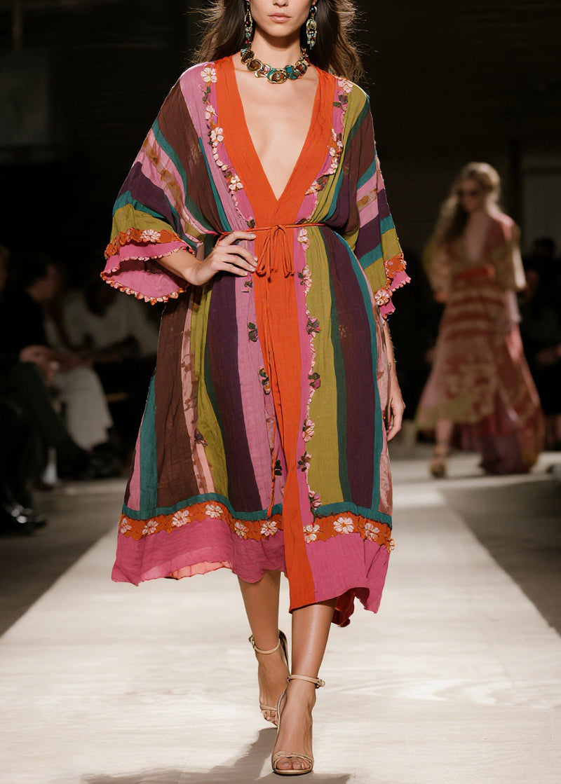Original Design Colorblock V Neck Cotton Dress Spring