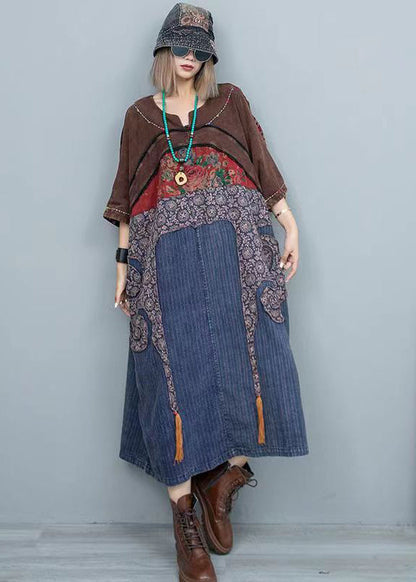 Colorblock O Neck Patch Cotton Dress Spring