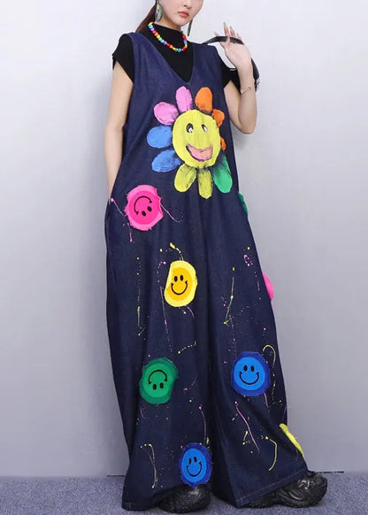 Vibrant Smiley Festooned Blue Denim Jumpsuit Look